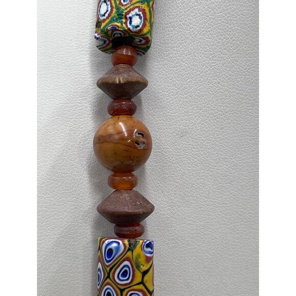 Sterling Silver Millefiori African Trade Bead Yellow Bakelite Amber Necklace - Picture 9 of 14